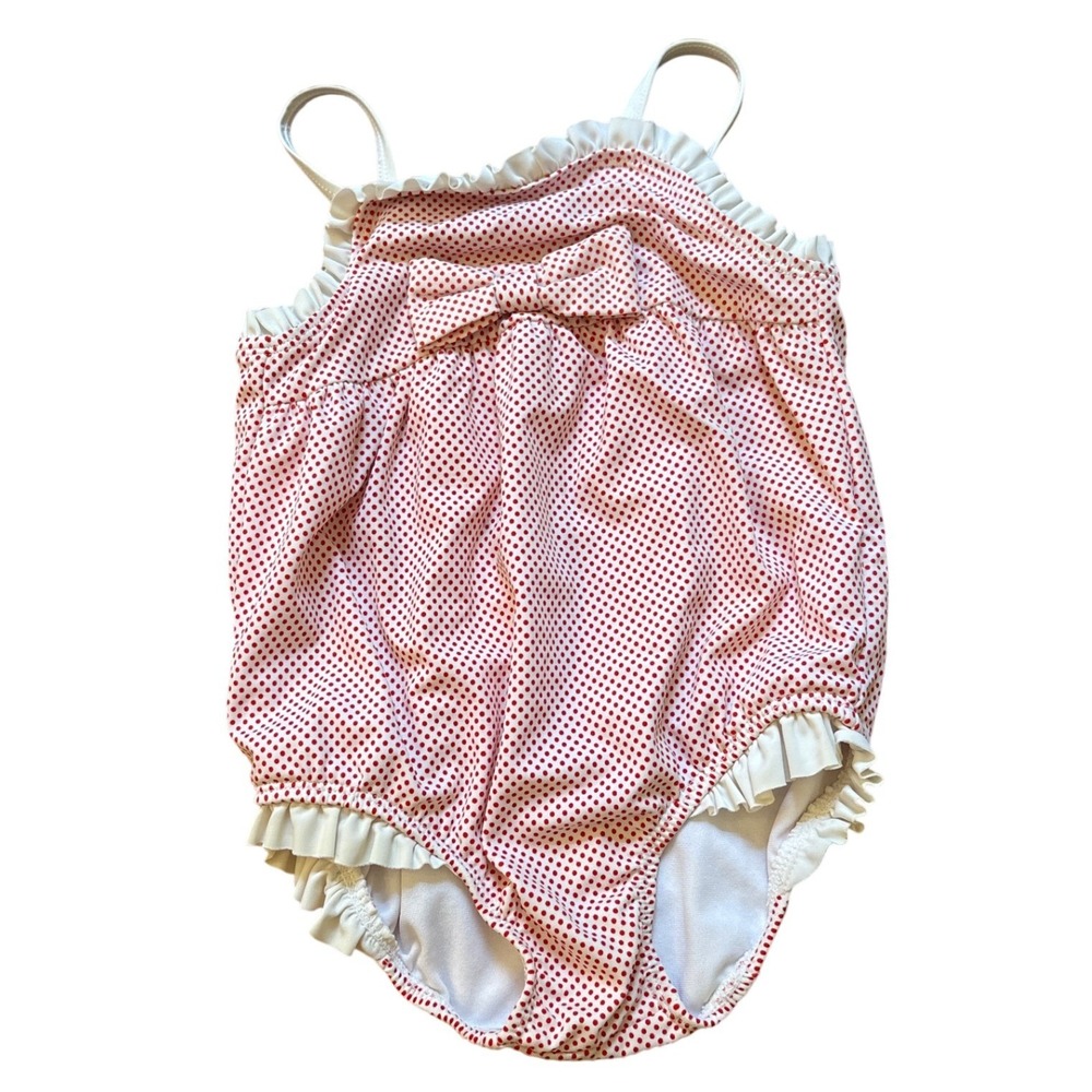 Janie and Jack Swimsuit Kids Red Polka Dot Ruffle Bow One Piece SIZE 18-24M